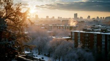 invierno ciudad paisaje a amanecer. ai generado foto