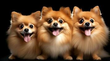 Close-up of three cute German Spitz dogs. AI generated. photo