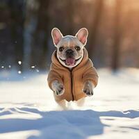 AI Generated Small French bulldog in winter clothes runs through the snow. AI generated photo