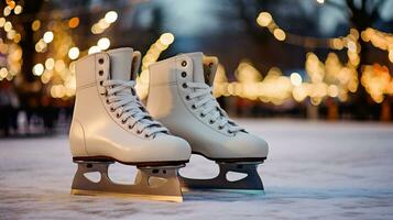 A pair of white skates against the backdrop of an ice skating rink and illumination. AI generated. photo