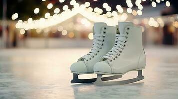 un par de blanco patines en contra el fondo de un hielo Patinaje pista y iluminación. ai generado. foto