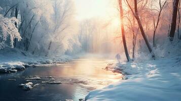 Winter landscape, river, forest, low winter sun. AI generated photo