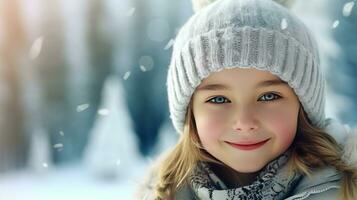 Young skier in knitted hatstands against the backdrop of winter landscape and smiles. AI generated. photo