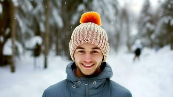 Young skier in knitted hatstands against the backdrop of winter landscape and smiles. AI generated. photo