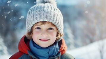 Young skier in knitted hatstands against the backdrop of winter landscape and smiles. AI generated. photo