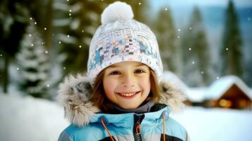 Young skier in knitted hatstands against the backdrop of winter landscape and smiles. AI generated. photo