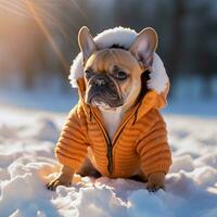 AI Generated Small French bulldog in winter clothes runs through the snow. AI generated photo