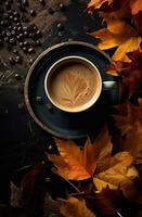 AI Generated Autumn coffee with autumn leaves on a wooden background. photo