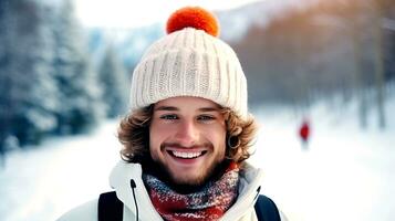 Young skier in knitted hatstands against the backdrop of winter landscape and smiles. AI generated. photo