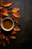 ai generado otoño café con otoño hojas en un de madera antecedentes. foto