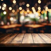 Dark empty wooden table and blurred cafe background front view ai generative photo