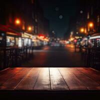 oscuro vacío de madera mesa y borroso café antecedentes frente ver ai generativo foto