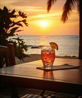 vaso de aperol rociar cóctel en de madera mesa con puesta de sol difuminar playa antecedentes ai generativo foto