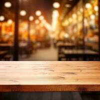 Dark empty wooden table and blurred cafe background front view ai generative photo