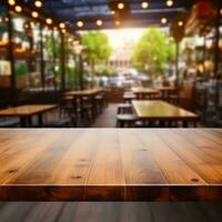 Dark empty wooden table and blurred cafe background front view ai generative photo