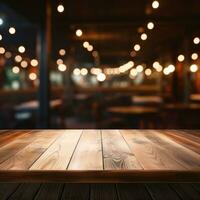 Dark empty wooden table and blurred cafe background front view ai generative photo