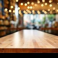 Dark empty wooden table and blurred cafe background front view ai generative photo