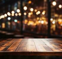 Dark empty wooden table and blurred cafe background front view ai generative photo