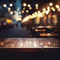 Dark empty wooden table and blurred cafe background front view ai generative photo