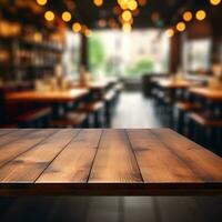 Dark empty wooden table and blurred cafe background front view ai generative photo