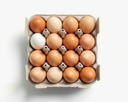 Pack of 16 beige eggs cardboard box with top view white isolated background ai generated photo
