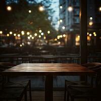 Dark empty wooden table and blurred cafe background front view ai generative photo