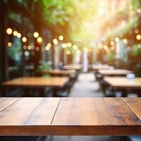 Dark empty wooden table and blurred cafe background front view ai generative photo