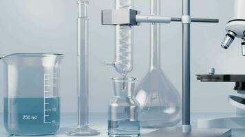 Glassware and microscope in the laboratory, 3d rendering. video