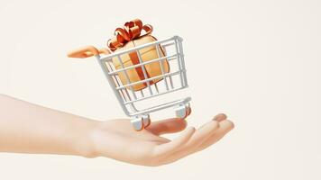 Loop animation of shopping cart in a hand, 3d rendering. video