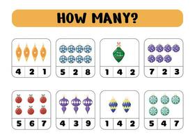 Count how many Christmas balls there are. Write down the answer. Educational games for children. Preschool worksheet activity, count and choose an answer, vector illustration