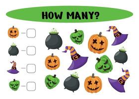 A counting game for children. Halloween math tasks for preschoolers. Studying mathematics, numbers. vector