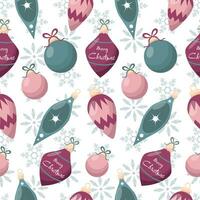 Seamless Christmas pattern with toys on the Christmas tree in flat style isolated on white background. Print for wrapping paper. Vector illustration