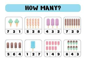 Count how many ice creams. Write down the answer. Educational games for children. Preschool worksheet activity, count and choose an answer, vector illustration