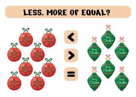 Education logic game for preschool kids.  Choose the correct answer. More, less or equal with Christmas balls.  Vector illustration isolated on white background.