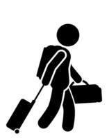 Vector silhouette of a man with a suitcase and bag on a white background.