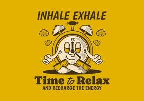 Time to relax. Alarm clock mascot character in meditation pose vector