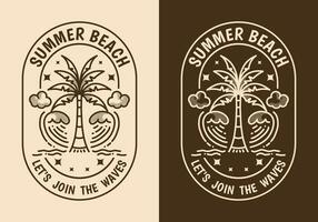 Summer beach, Let's join the waves. Line art illustration of coconut tree and waves vector