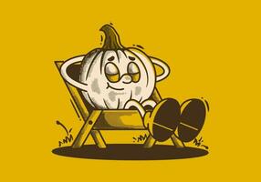 Wake me up when october ends. Character of pumpkin sleep on camping chair vector