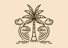 Summer beach, Let's join the waves. Line art illustration of coconut tree and waves vector