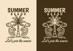 Summer beach, Let's join the waves. Line art illustration of coconut tree and waves vector