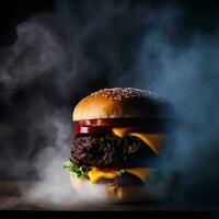 A delicious burger in a smoky background AI Generated photo
