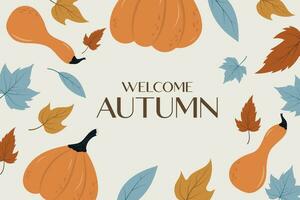 Welcome Autumn's background with leaves and pumpkins. The horizontal background is great for cards, brochures, flyers, and advertising poster templates. Vector illustration.