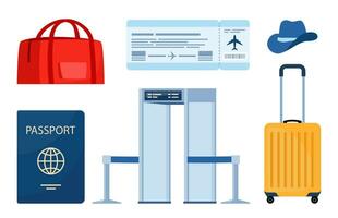 Airport terminal design elements. Traveling by plane, set of objects. Baggage, metal detector, air ticket, passport, information panel, lounge seats. Air travel concept. Tourism. Vector illustration.