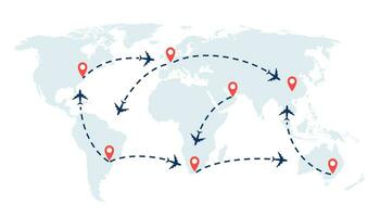 World travel map with airplanes, flight routes and pins marker. Vector illustration.