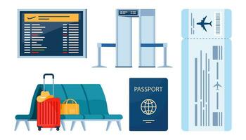 Airport terminal design elements. Traveling by plane, set of objects. Baggage, metal detector, air ticket, passport, information panel, lounge seats. Air travel concept. Tourism. Vector illustration.