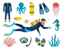 Diving and underwater world, set of elements. Diver with aqualung oxygen cylinders and flippers, mask, tube, marine life elements. Starfish, octopus, jellyfish, corals, algae. Vector illustration.