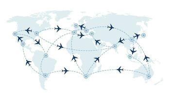 World travel map with airplanes, flight routes and pins marker. Vector illustration.