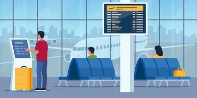 People in airport arrival waiting room or departure lounge with chairs and information panel. Man self check in at automatic machine or buying ticket using interactive terminal. Vector illustration.