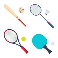 Sports equipment for tennis, badminton, baseball, table tennis. Rackets, balls, shuttlecock, stick. Vector Illustration.
