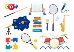 Items for various hobbies and creativity. Equipment for sports, art, games. Ways of spending time. Billiard, tennis, music, astronomy, reading, puzzles, drawing, singing. Vector illustration.
